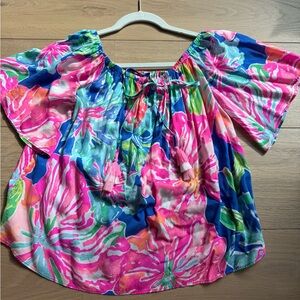 Lilly Pulitzer Vibrant Floral Blouse in Pink and Blue
